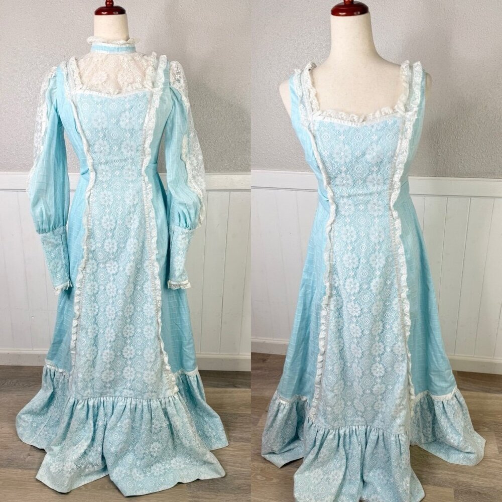 Vtg Prairie Maxi Dress Sz S Blue White Lace Victorian Lady Convertible Talon Zip